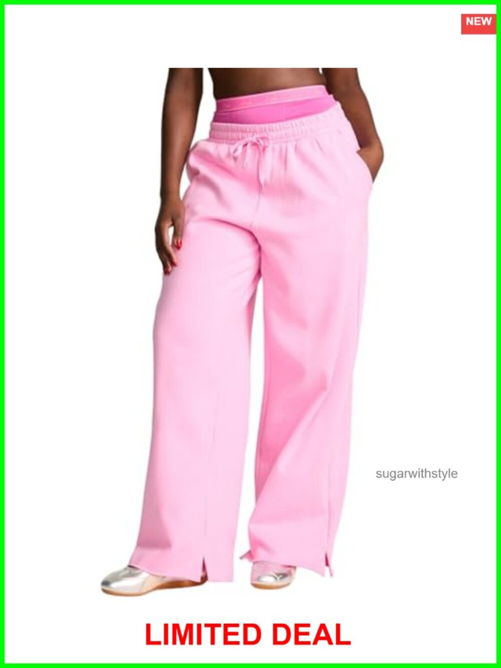 Wide-Leg Fleece Sweatpants Split-Hem Mid-Rise Drawstring Pockets Casual